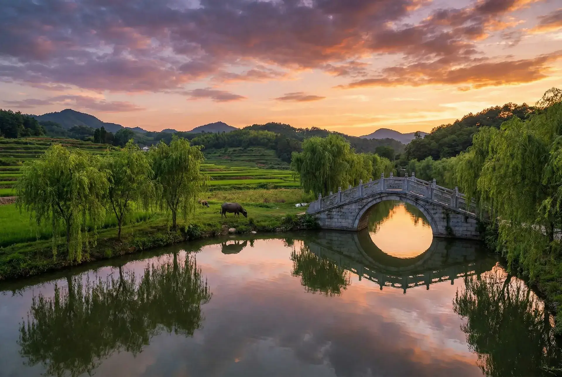 夕阳下的石拱桥与垂柳，水牛在河边吃草 - 性奴俱乐部残忍调教 乡村美景